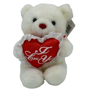 Oshko International White Teddy Bear Plush Red Bow, Nose & I Love You Heart 9”